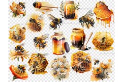 Watercolor clipart of bees, wasps, hornets, honey in a glass jar, wooden spoon for honey, honeycombs with bees on them. Bees collect pollen from flowers, flying bees