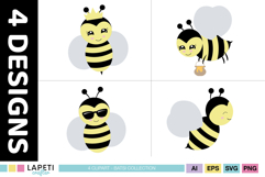 Sweet honey bee graphics with a queen bee, flying bee, sunglasses bee and side view bee.