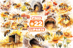 Honey Bee Watercolor Clipart Bundle | Bee and Flower PNG Product Image 1