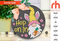 hop on in svg, gnome carrot svg, gnome bunny svg, welcome sign svg, easter circle svg, spring door svg, round hanging sign svg, laser cut file, layered sign svg, easter hanger svg, farmhouse easter svg, outdoor sign svg