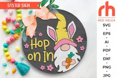 hop on in svg, gnome carrot svg, gnome bunny svg, welcome sign svg, easter circle svg, spring door svg, round hanging sign svg, laser cut file, layered sign svg, easter hanger svg, farmhouse easter svg, outdoor sign svg