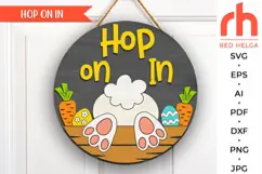 hop on in svg, bunny carrot svg, bunny hanger svg, welcome sign svg, easter circle svg, spring door sign svg, round hanging sign svg, laser cut file, layered sign svg, rabbit silhouette, farmhouse easter svg, animal easter, outdoor sign svg