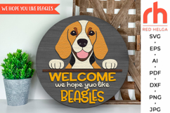 beagle sign svg, pet sign svg, peeking beagle silhouette, dog hanger svg, welcome sign svg, door sign svg, round hanging sign, laser cut file, layered sign svg, quirky beagle, wood home sign svg, front sign svg, hope you like beagles svg