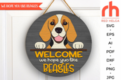 beagle sign svg, pet sign svg, peeking beagle silhouette, dog hanger svg, welcome sign svg, door sign svg, round hanging sign, laser cut file, layered sign svg, quirky beagle, wood home sign svg, front sign svg, hope you like beagles svg