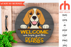 beagle sign svg, pet sign svg, peeking beagle silhouette, dog hanger svg, welcome sign svg, door sign svg, round hanging sign, laser cut file, layered sign svg, quirky beagle, wood home sign svg, front sign svg, hope you like beagles svg