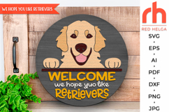 golden retriever sign svg, pet sign svg, peeking retriever silhouette, dog hanger svg, welcome sign svg, door sign svg, round hanging sign, laser cut file, layered sign svg, quirky retriever, wood home sign svg, front sign svg, hope you like retrievers