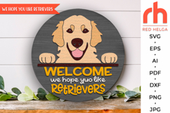 golden retriever sign svg, pet sign svg, peeking retriever silhouette, dog hanger svg, welcome sign svg, door sign svg, round hanging sign, laser cut file, layered sign svg, quirky retriever, wood home sign svg, front sign svg, hope you like retrievers