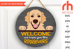 golden retriever sign svg, pet sign svg, peeking retriever silhouette, dog hanger svg, welcome sign svg, door sign svg, round hanging sign, laser cut file, layered sign svg, quirky retriever, wood home sign svg, front sign svg, hope you like retrievers