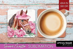 Horse Flowers Square Coaster Cute Farm Coaster PNG Product Image 1