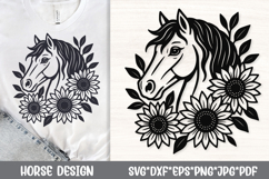 Beautiful horse head SVG featuring a graceful horse surrounded by sunflowers and leaves. This elegant floral horse design symbolizes freedom, strength, and nature. Perfect for farmhouse decor, western crafts, country apparel, laser engraving and wall art.