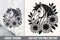 Beautiful horse head SVG featuring a graceful horse surrounded by sunflowers and leaves. This elegant floral horse design symbolizes freedom, strength, and nature. Perfect for farmhouse decor, western crafts, country apparel, laser engraving and wall art.