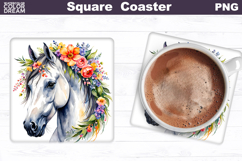 Horse Flowers Square Coaster | Horse Floral Sublimation Product Image 1