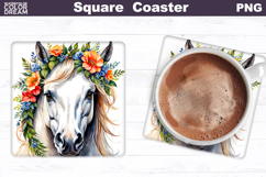 Horse Flowers Square Coaster | Horse Floral Sublimation Product Image 1