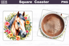 Horse Flowers Square Coaster | Horse Floral Sublimation Product Image 1