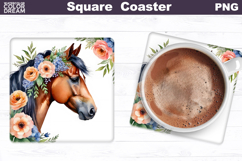 Horse Flowers Square Coaster | Horse Floral Sublimation Product Image 1