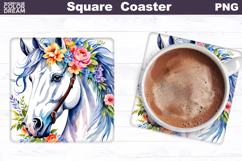 Horse Flowers Square Coaster | Horse Floral Sublimation Product Image 1