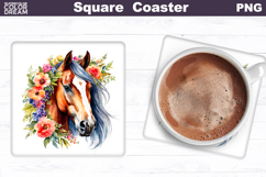 Horse Flowers Square Coaster | Horse Floral Sublimation Product Image 1
