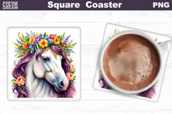 Horse Flowers Square Coaster | Horse Floral Sublimation Product Image 1