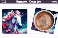 Horse Flowers Square Coaster | Horse Floral Sublimation Product Image 1