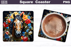 Horse Flowers Square Coaster | Horse Floral Sublimation Product Image 1