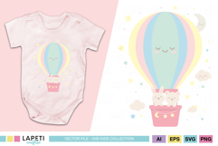 Cute pastel hot air balloon with sleeping face and two baby animals