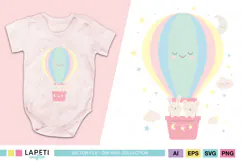 Cute pastel hot air balloon with sleeping face and two baby animals