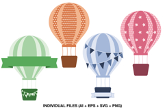 Cute hot air balloon clipart set with pastel colors, banners, stars and polka dot details.