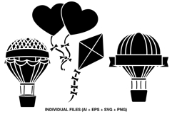 Hot air balloon clipart with kite and heart balloons