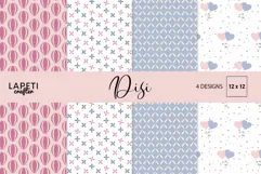 Four digital papers with hot air balloons, pinwheels, heart balloons and soft blue coordinating patterns