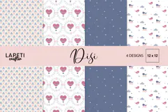 Four digital papers with hot air balloons, birds, clouds, stars and geometric patterns