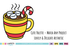 Cozy hot chocolate cup with candy cane and marshmallows, perfect for holiday clipart projects.