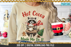 Cute raccoon holding a hot cocoa mug with Christmas decorations, ideal for holiday shirts, mugs, and sublimation crafts.