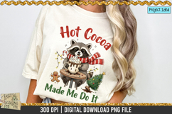 Cute raccoon holding a hot cocoa mug with Christmas decorations, ideal for holiday shirts, mugs, and sublimation crafts.