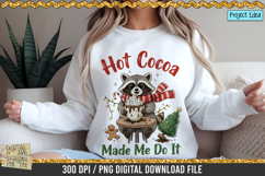 Cute raccoon holding a hot cocoa mug with Christmas decorations, ideal for holiday shirts, mugs, and sublimation crafts.