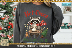 Cute raccoon holding a hot cocoa mug with Christmas decorations, ideal for holiday shirts, mugs, and sublimation crafts.