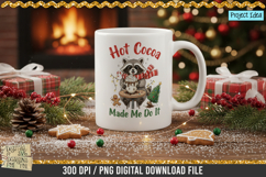Cute raccoon holding a hot cocoa mug with Christmas decorations, ideal for holiday shirts, mugs, and sublimation crafts.