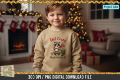 Cute raccoon holding a hot cocoa mug with Christmas decorations, ideal for holiday shirts, mugs, and sublimation crafts.