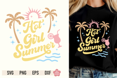Model wearing a black t-shirt printed with a retro pastel graphic reading "Hot Girl Summer"