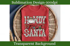 Cowboy Santa Western Christmas PNG with rustic patterned lettering, cow print ornaments, stars and festive country holiday decorations.