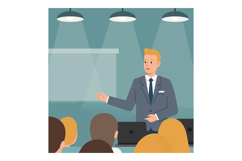 Businessman Giving Presentation in Office Meeting Room with Product Image 1