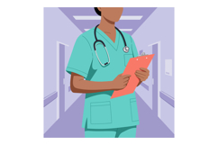 Nurse wearing scrubs with stethoscope holding clipboard in h Product Image 1