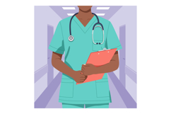 Medical professional in green scrubs holding clipboard and s Product Image 1