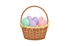 Easter basket with colorful pastel eggs in woven brown baske Product Image 1