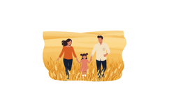 Family walking in golden wheat field holding hands outdoors Product Image 1