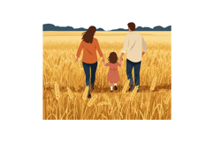 Family walking through golden wheat field holding hands toge Product Image 1