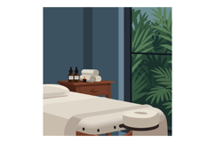 Massage therapy room with oils towels and window revealing t Product Image 1