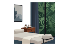 Massage therapy room with natural green plants and relaxing Product Image 1
