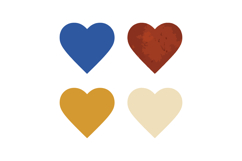 Four colorful hearts in blue brown yellow and cream simple v Product Image 1
