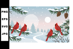 Red Cardinal Birds on Snowy Pine Branches in Winter Landscap Product Image 1