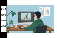 Man Editing Cycling Photo on Computer in Modern Workspace wi Product Image 1